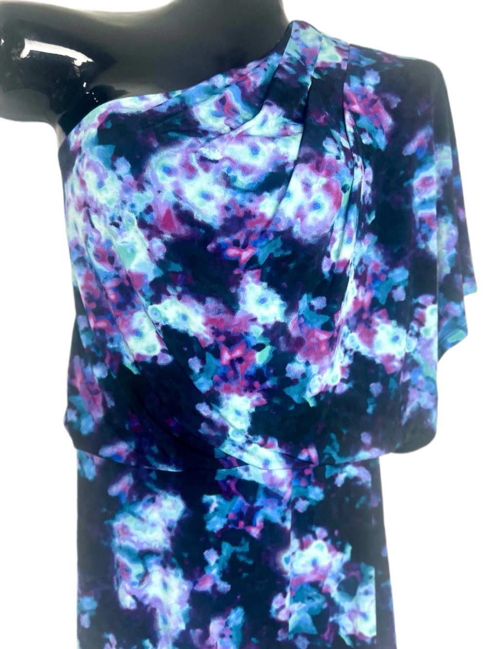 One-Shoulder Floral Watercolor Mini Dress in Navy, Teal & Purple